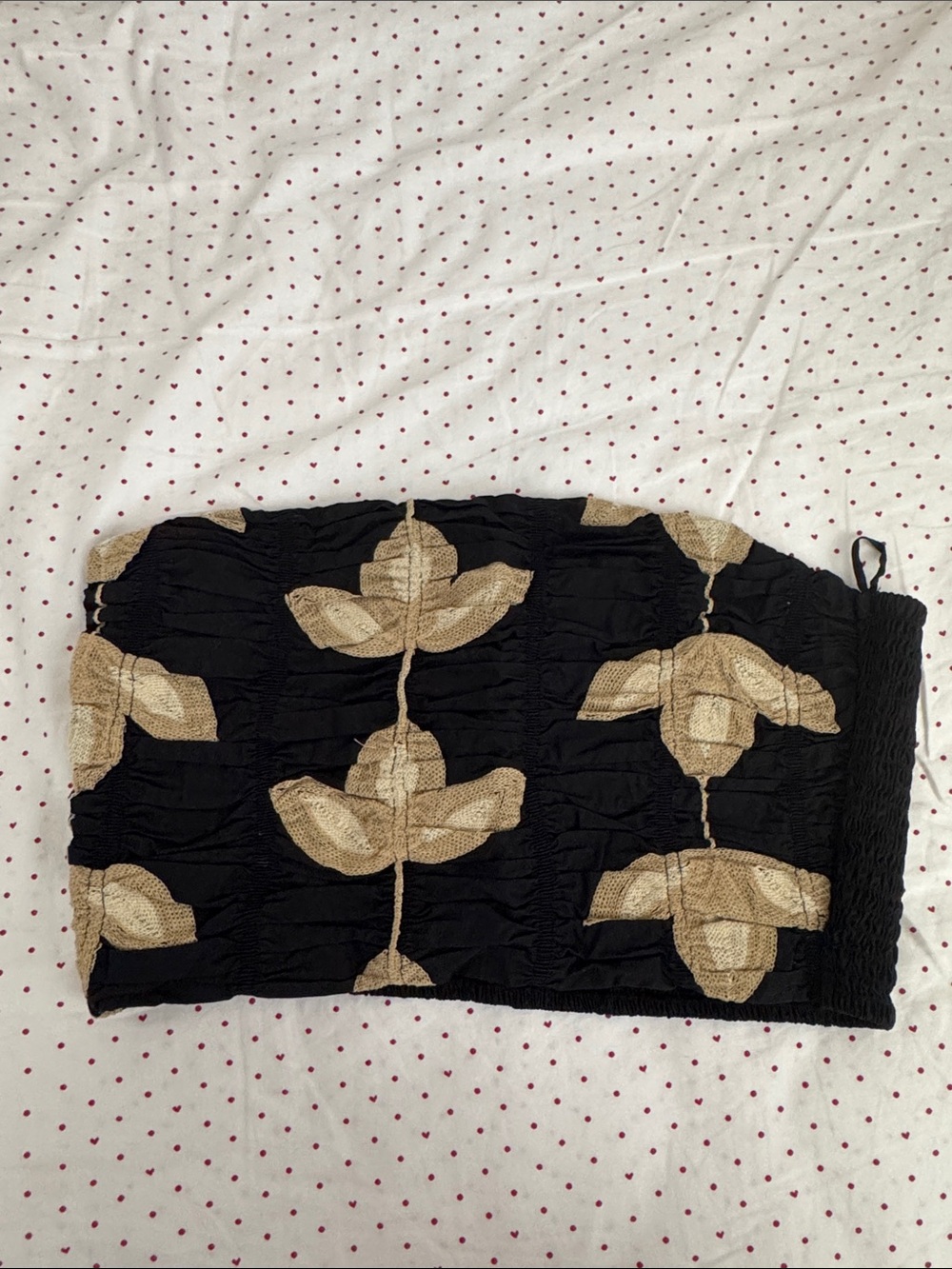 Zara Black Strapless Tube Top with Beige Floral Embroidery